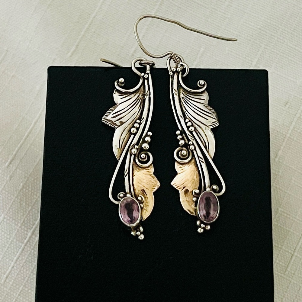 Elegant Sterling Silver and Gold Leaf Earrings - Picture 7 of 10